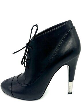 CHANEL 13B Leather Metal Heel Logo Cap Toe Lace Up Ankle Boots Bootie